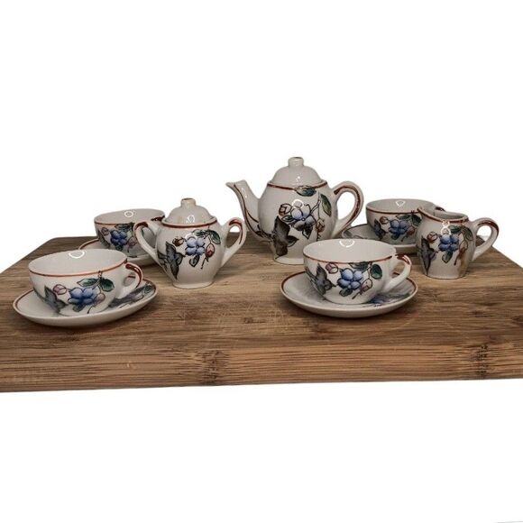 VTG Japanese Miniature Child's Tea Set Porcelain Blue Birds & Flowers 13 Pieces - Picture 4 of 16
